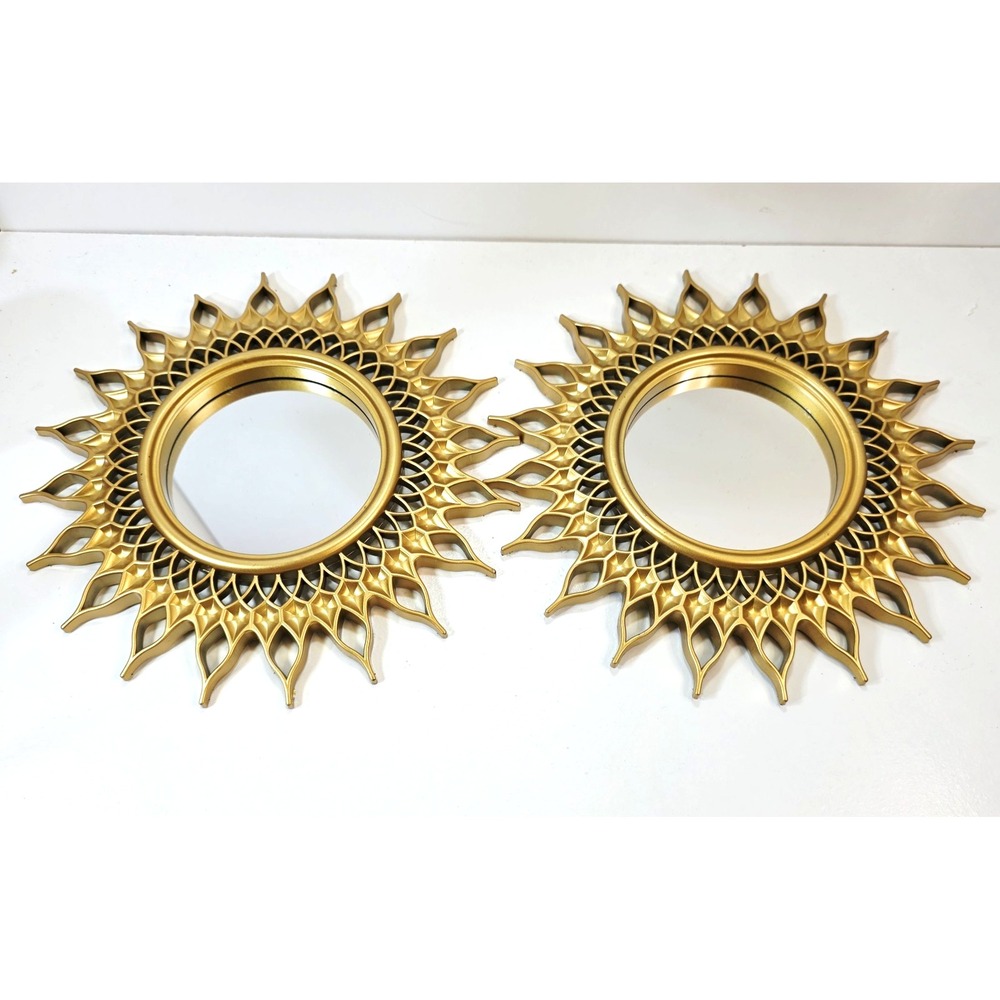 2 pc Decorative Wall Mirror Set Sunflower Starburst 10 Inch Plastic Gold Tone